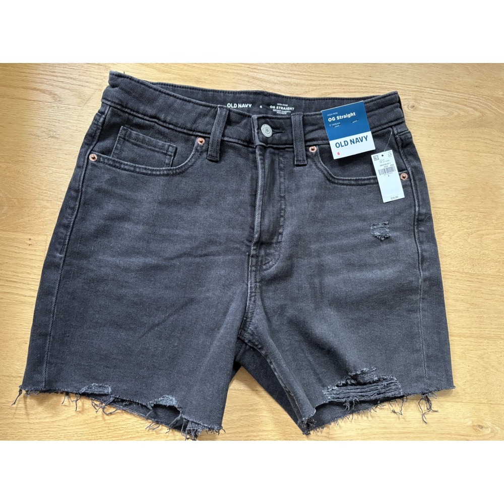NWT Old Navy OG Straight High Rise Black Denim Jean Shorts Distress 6 5" Cutoff